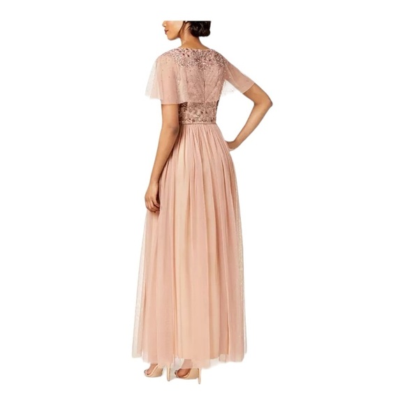 ADRIANNA PAPELL Rose Gold Beaded Embroidered Tulle Maxi Gown Dress 10 - Picture 7 of 15